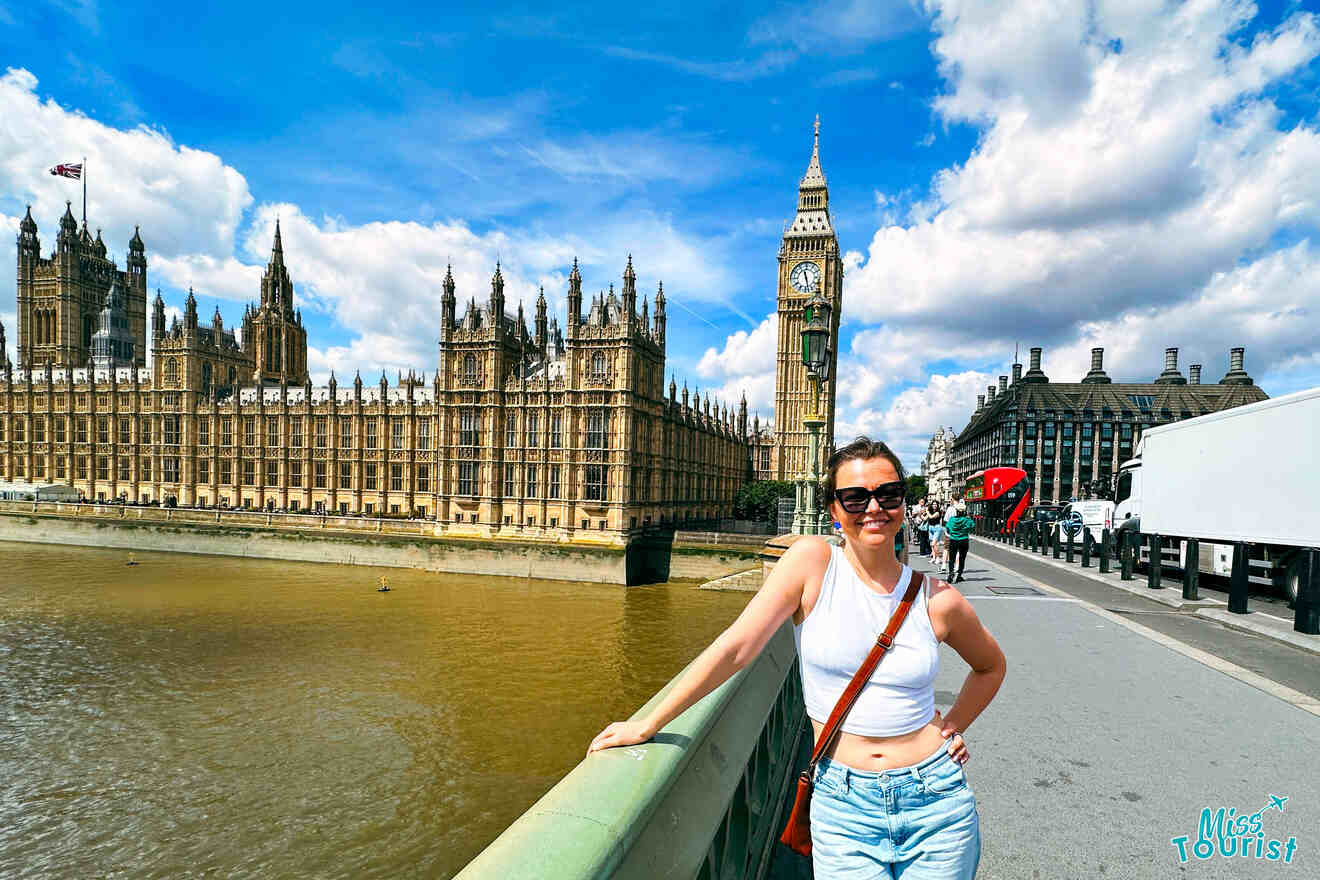 The founder of the page, Yulia, posing in front of the iconic Big Ben and Houses of Parliament on a sunny day in London