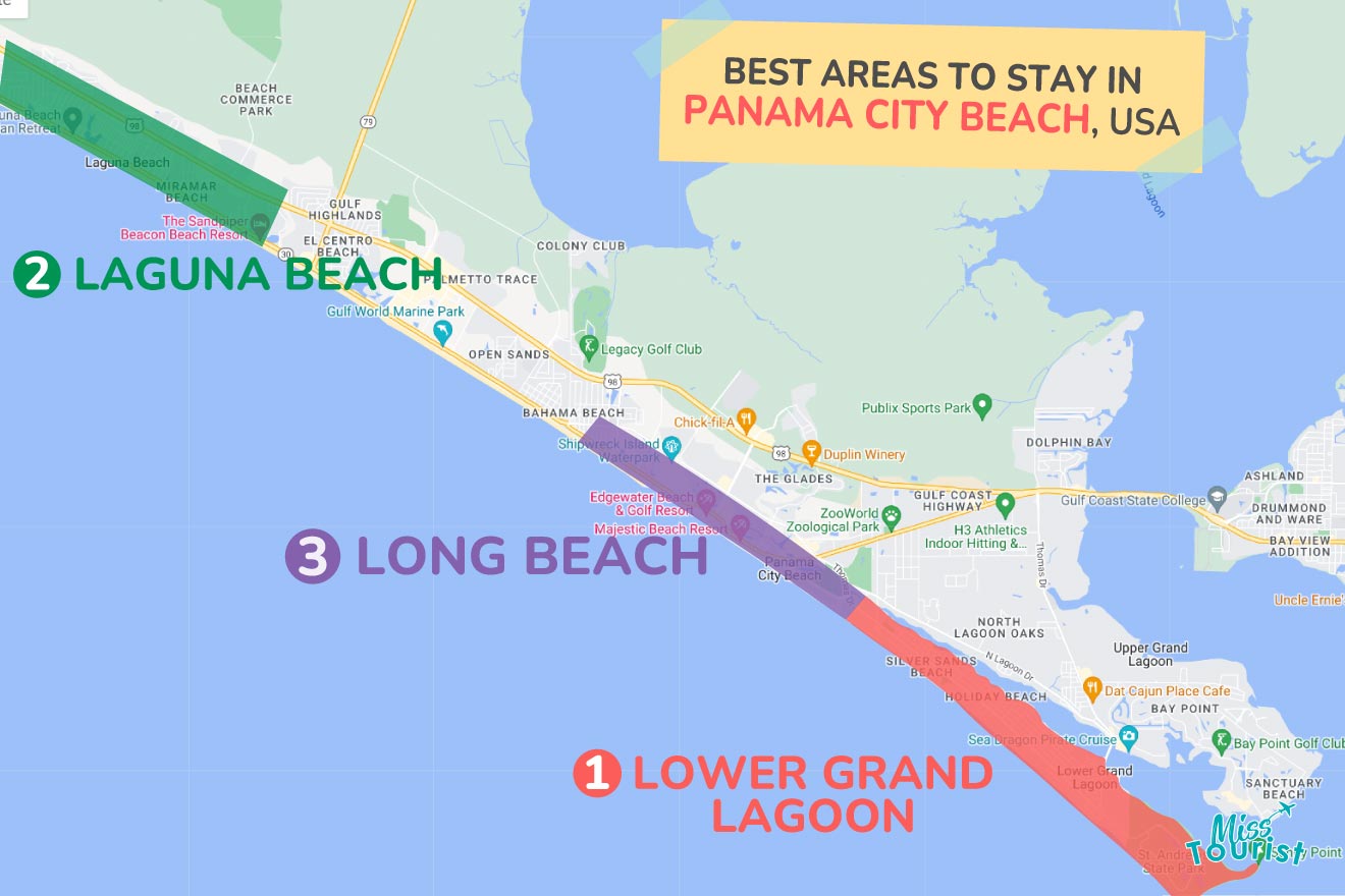 A colorful map highlighting the best areas to stay in Panama-City-Beach with numbered locations and labels for easy navigation