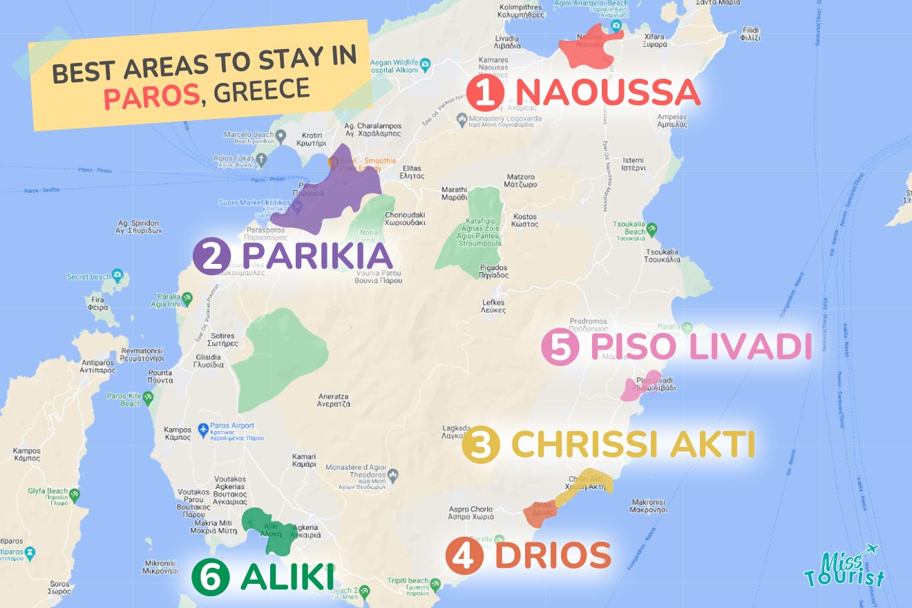 A colorful map highlighting the best areas to stay in Paros with numbered locations and labels for easy navigation