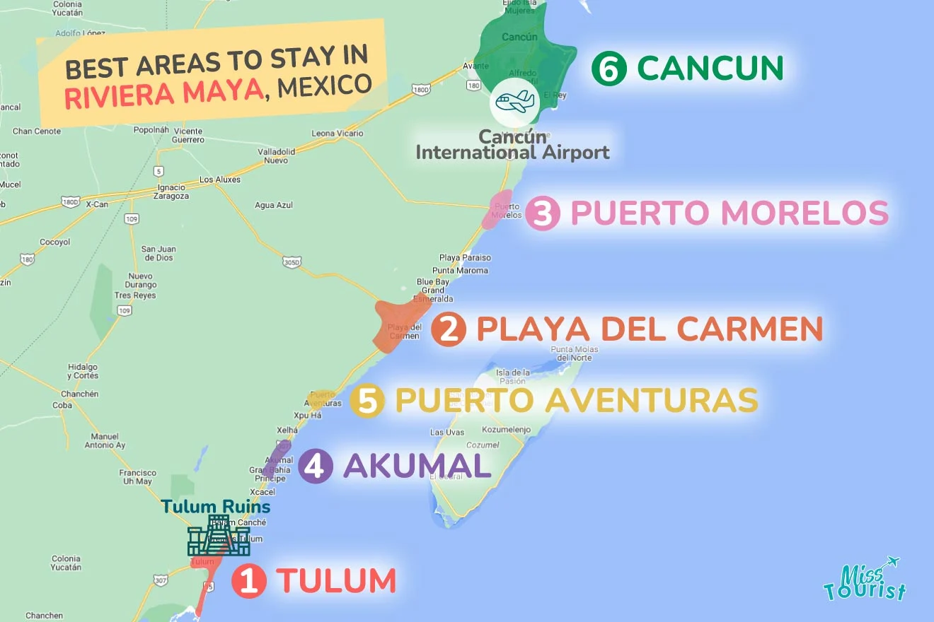 A colorful map highlighting the best areas to stay in Riviera-Maya with numbered locations and labels for easy navigation