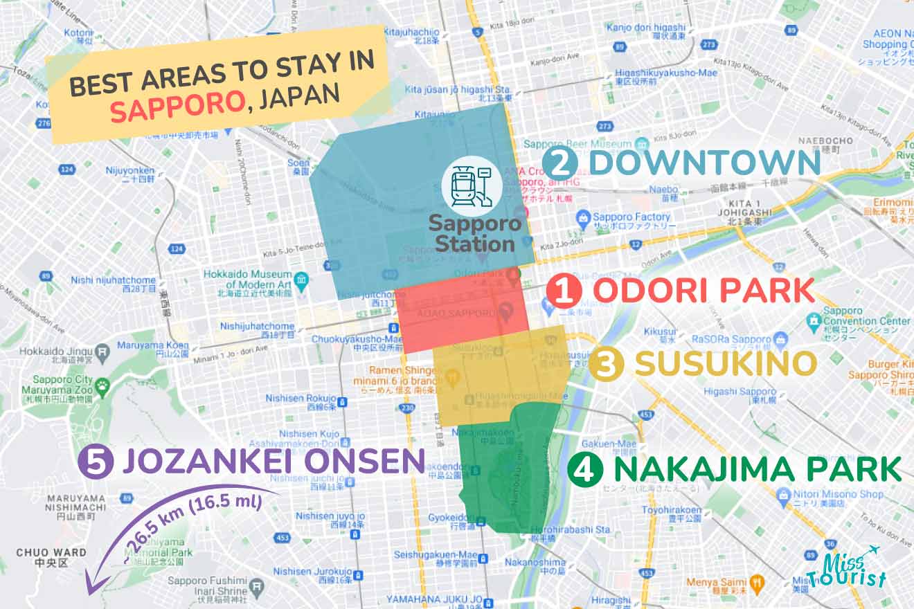 A colorful map highlighting the best areas to stay in Sapporo with numbered locations and labels for easy navigation