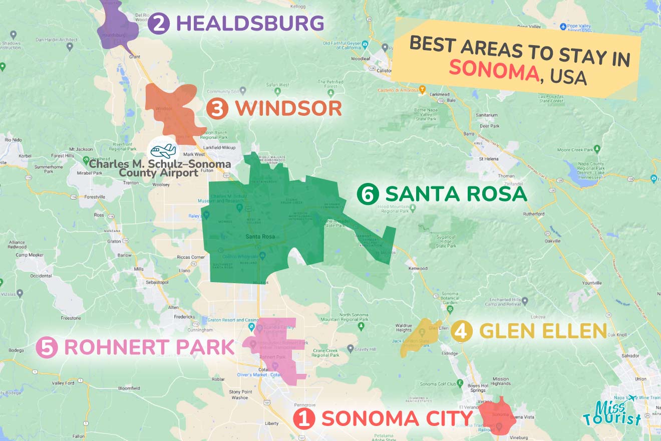 A colorful map highlighting the best areas to stay in Sonoma with numbered locations and labels for easy navigation