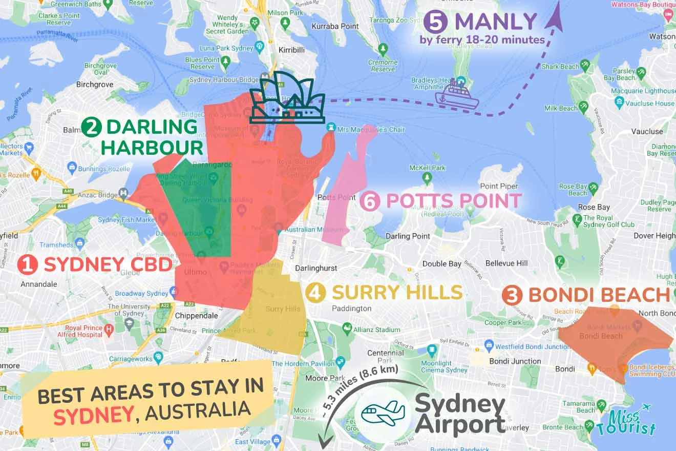 A colorful map highlighting the best areas to stay in Sydney with numbered locations and labels for easy navigation