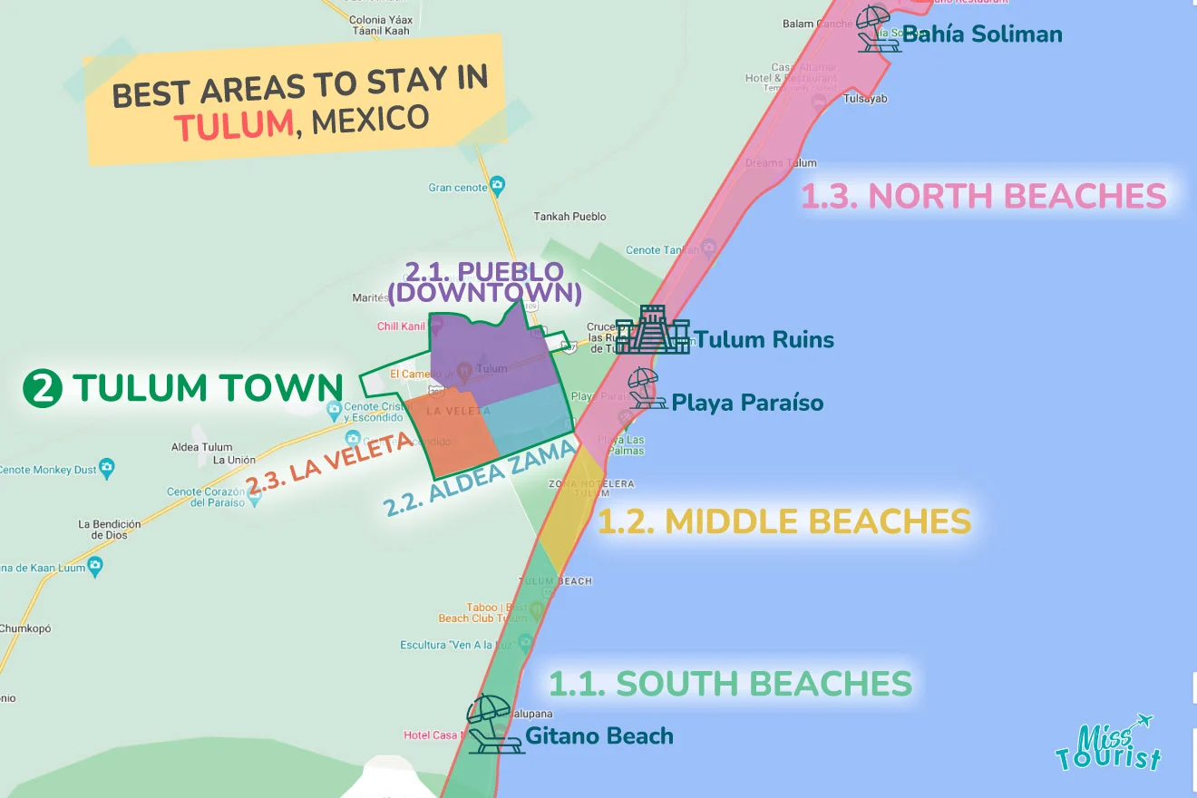 A colorful map highlighting the best areas to stay in Tulum with numbered locations and labels for easy navigation