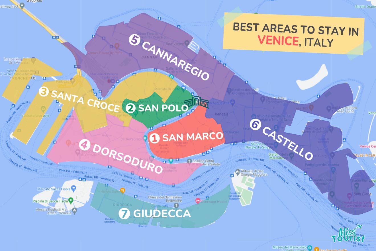 A colorful map highlighting the best areas to stay in Venice with numbered locations and labels for easy navigation