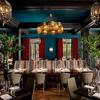 A modern dining room with teal walls, red curtains, and elegant lighting. The room features a large wooden table, beige padded chairs, and tall plants.