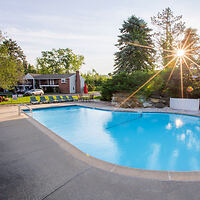 Outdoor swimming pool area surrounded by trees and shrubs with a few lounge chairs, a building in the background, and the sun shining through the trees.