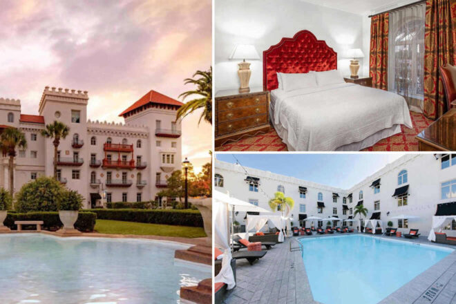 A collage of a hotel featuring an exterior view, a guest room with red accents, and a courtyard pool surrounded by lounge chairs.