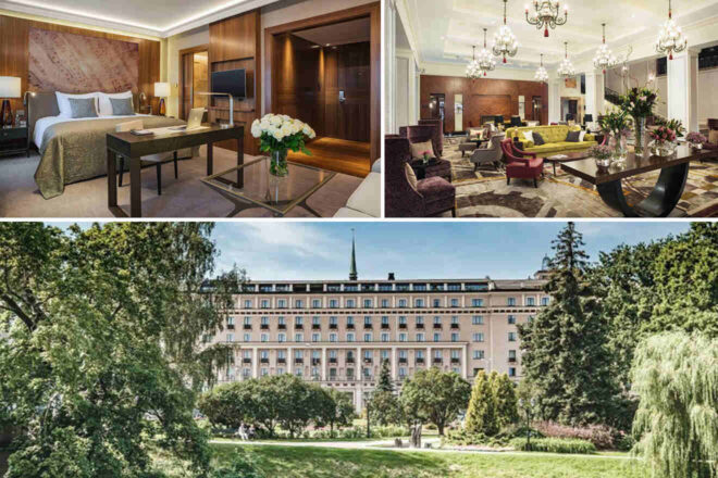 Three images depict a luxurious hotel: a well-appointed bedroom, an elegant lounge area with chandeliers, and a view of the hotel building from a scenic, tree-filled garden.