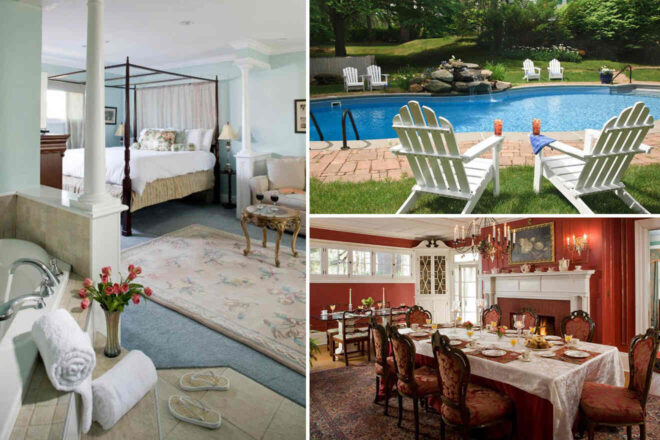 Composite image showing a luxurious bedroom with a canopy bed, a patio with Adirondack chairs by a pool, and an elegant dining room set for a meal.