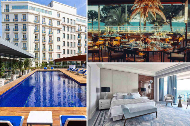 The image shows a collage of a hotel with its exterior, an outdoor pool area, a dining area, and a modern bedroom.