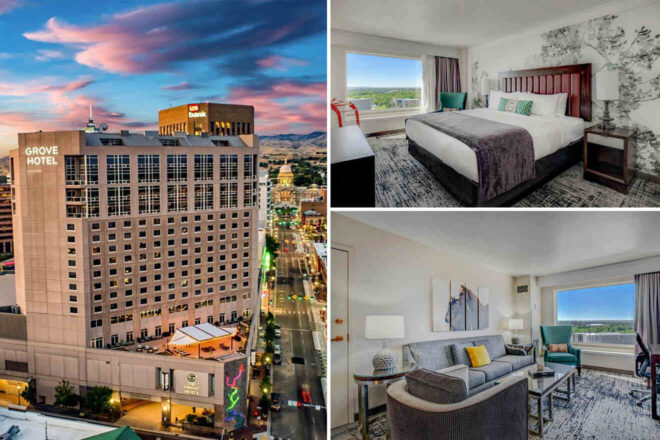 Collage of 3 pics of luxury hotel: a high-rise hotel exterior at sunset, a bedroom with a double bed and a living area with a couch and a window view