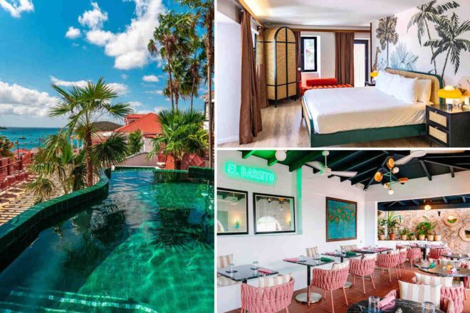 A tropical vacation setting featuring a luxurious pool, a spacious hotel room with a coastal theme, and a vibrant restaurant with indoor and outdoor seating.