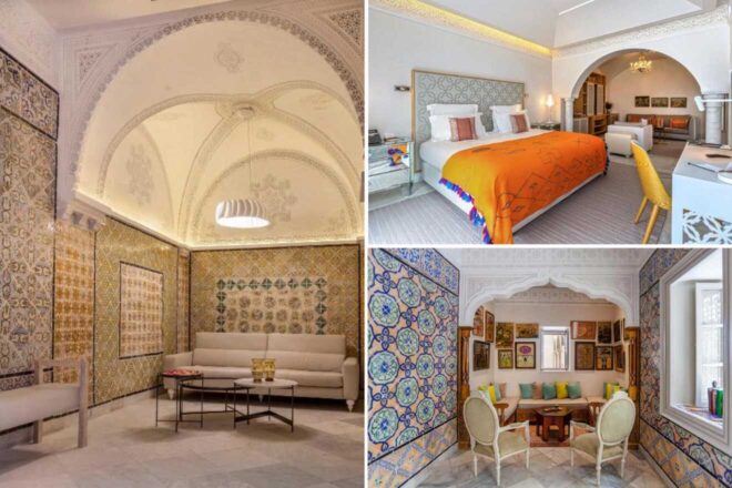 A collage of three hotel photos to stay in Tunis: a luxurious room with intricate archways and vibrant decor, a cozy seating area with ornate tiled walls, and a beautifully detailed corner with traditional patterns and warm lighting.