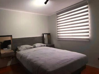 Minimalist bedroom with a double bed, gray walls, and a modern striped window shade.