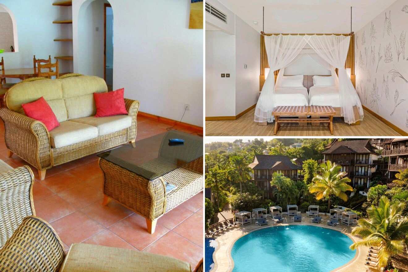 A collage of three hotel photos to stay in Seychelles: a cozy living room with wicker furniture, a bright bedroom with a canopy bed, and a view of a tropical resort with a large outdoor pool.