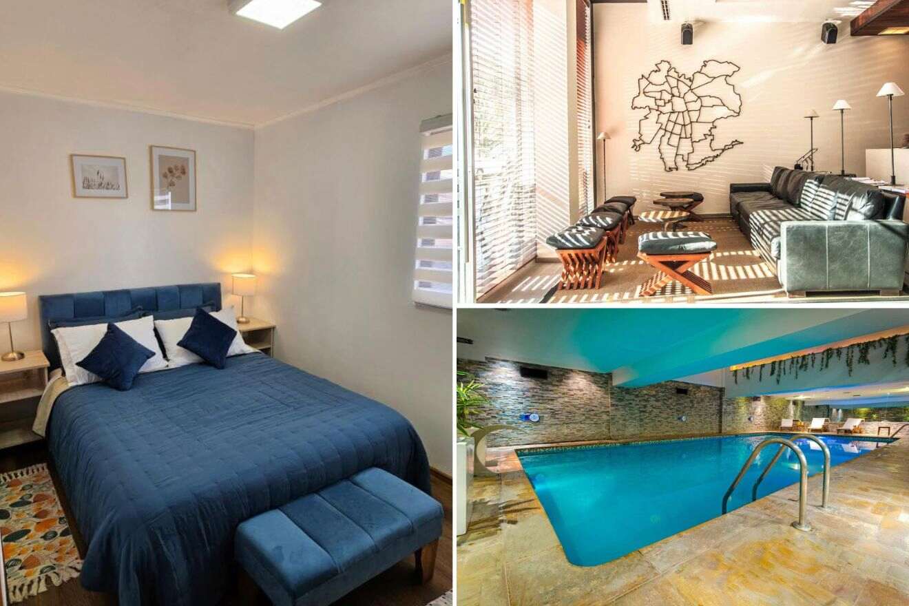 A collage of three hotel photos to stay in Santiago de Chile: a minimalist bedroom with a deep blue bedspread, a bright and airy lounge with contemporary seating and a wall map, and an indoor swimming pool with a modern, serene atmosphere.