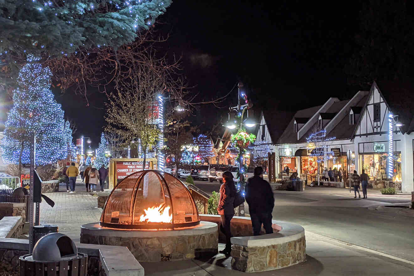 People walk along a festive, decorated street at night. Illuminated trees and buildings line the sidewalk. A few individuals gather around a warm fire pit in the center.