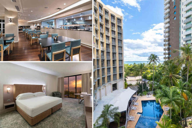 Collage showing a modern hotel dining area, a guestroom with a large bed and balcony, and an exterior view of the hotel with a swimming pool surrounded by palm trees and other vegetation.