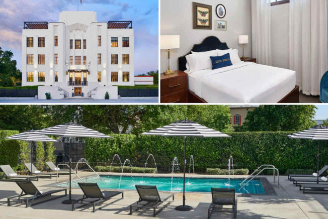 Collage of 3 pics of luxury hotel: a white building, a bedroom with a bed and nightstands, and an outdoor swimming pool surrounded by sunbeds and umbrellas.