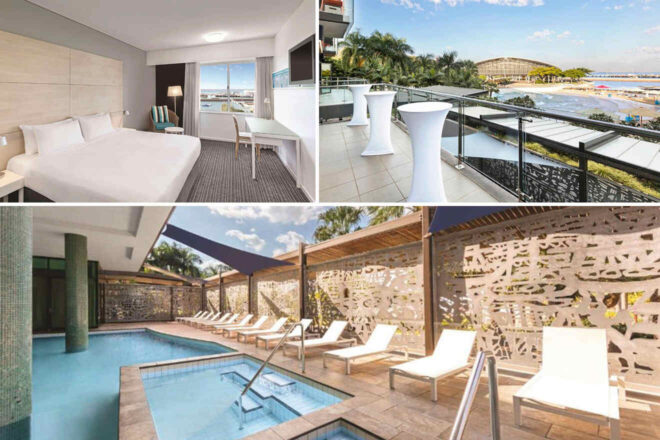 Collage showing a hotel room with a bed and desk, an outdoor terrace with tables and views of a stadium, and a pool area with lounge chairs.