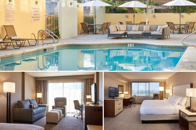 Collage of 3 pics of luxury hotel: an outdoor pool with lounge seating and umbrellas, a living area with a couch and desk, and a bedroom with a large bed and TV.