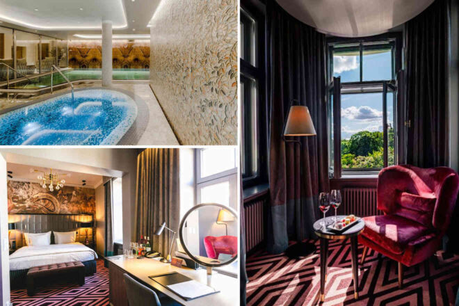 A collage of a luxurious hotel showing an indoor pool and spa, a bedroom with a double bed and desk, and a sitting area by a window with a red chair, table, and wine glasses with a view of green trees.