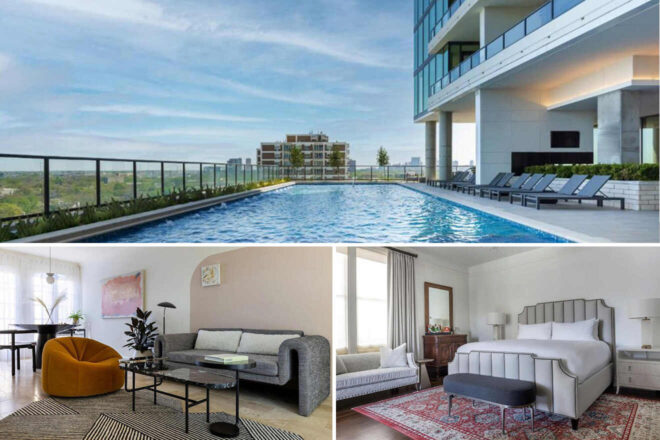 Collage of three images: a rooftop pool with lounge chairs, a modern living room with gray furniture and an orange chair, and a stylish bedroom with a large bed and a patterned rug.