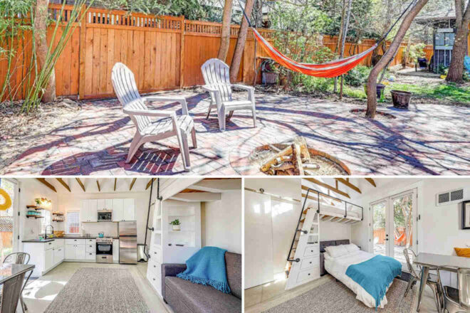 Collage of 3 pics of a small home with an outdoor patio: top image shows chairs and a hammock in a fenced backyard, bottom images show a modern kitchen, a living area with a sofa, and a cozy bedroom with a loft bed.