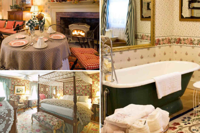 Collage of a cozy dining area with fireplace, a floral themed bedroom with a canopy bed, and a vintage-style bathroom with a clawfoot bathtub.