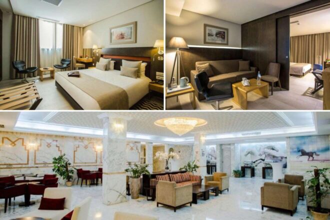 A collage of three hotel photos to stay in Tunis: a contemporary room with neutral tones and a plush bed, a comfortable sitting area with modern lighting, and a chic lounge with marble accents and a grand chandelier.