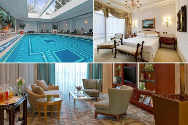 A collage of three hotel photos to stay in Santiago de Chile: an indoor pool with intricate mosaic patterns and skylight, a classic bedroom with luxurious drapery and vintage furniture, and a refined living room area with elegant seating and a drinks station.