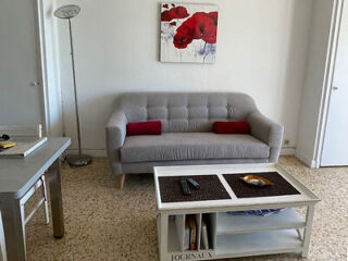 A living room with a gray sofa, two red cushions, a coffee table with magazines and a remote, a floor lamp, and a piece of wall art depicting red flowers.