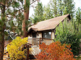 A small house with a wooden deck is surrounded by trees and various plants, including yellow and red foliage, showcasing a natural, forested setting.