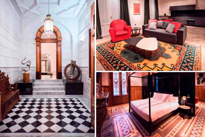 A collage showing three interior scenes: a checkered-floor hallway with sculptures, a living room with red and gray furniture on a patterned rug, and a bedroom with a four-poster bed and geometric floor tiles.