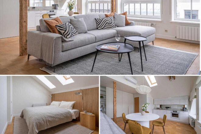 Modern apartment interior featuring a cozy living area with a gray sofa and black table, a bedroom with a wooden headboard and white bedding, and a kitchen with a round dining table and mustard chairs.