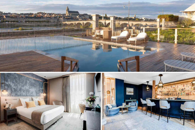 Collage of 3 pics of luxury hotel: top shows an outdoor pool deck with lounge chairs near a river; bottom left displays a modern hotel room with a king bed; bottom right features a chic bar area with seating.
.