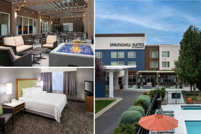 Collage of 3 pics of luxury hotel: a SpringHill Suites hotel exterior, a modern outdoor patio with seating, and a contemporary hotel room with a large bed and television.