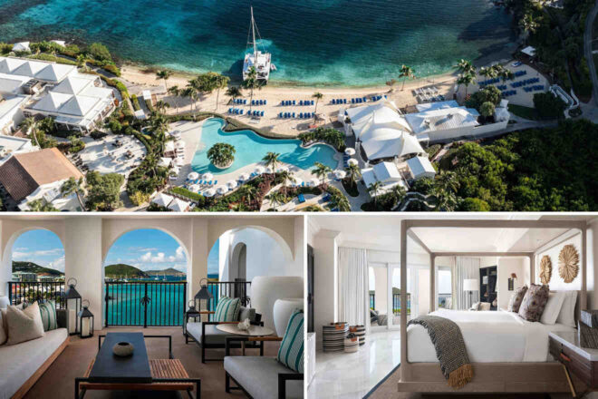 Aerial view of a beachfront resort with a pool and beach area. Below, two images show a terrace with ocean views and a modern bedroom with a four-poster bed, large windows, and elegant decor.