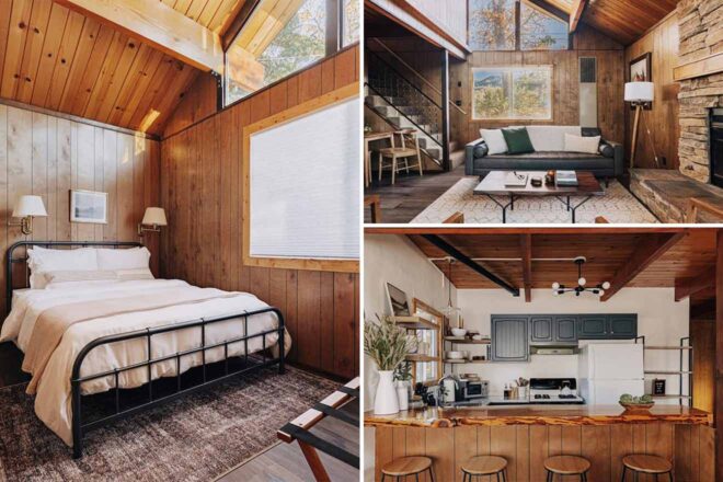 Three images of a cozy cabin interior: a bedroom with a metal bed frame, a living area with a gray couch and fireplace, and a kitchen with wooden barstools and modern appliances.