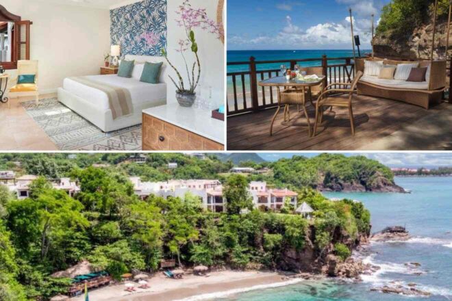 A collage of three hotel photos to stay in St. Lucia: a beautifully decorated bedroom with tropical wallpaper, an inviting outdoor deck with ocean views, and an aerial shot of villas perched on a lush green cliffside overlooking the sea.