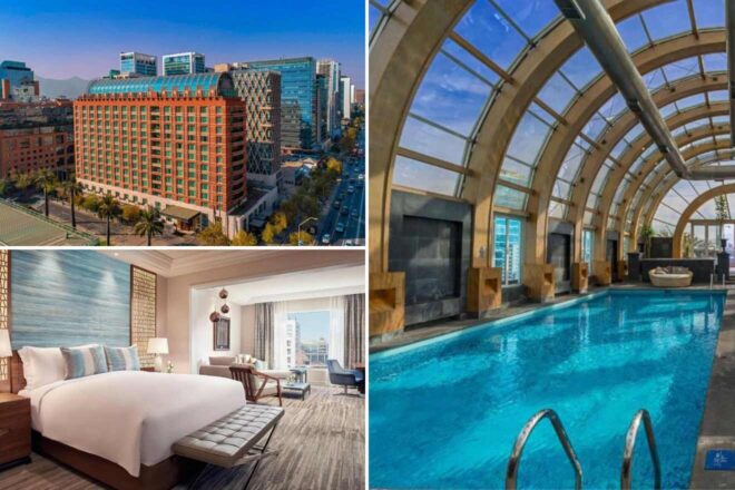 A collage of three hotel photos to stay in Santiago de Chile: an exterior view of a grand hotel building with distinctive architecture set against a backdrop of city skyscrapers, a luxurious bedroom with modern decor and city views, and a sleek indoor pool with an arched glass ceiling offering panoramic views.