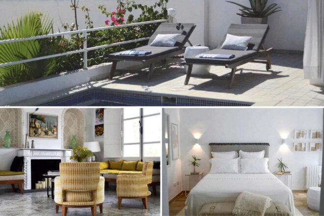 A collage of three hotel photos to stay in Tunis: a serene outdoor pool area with sun loungers and lush greenery, a bright living space with cozy seating and artistic decor, and a tranquil bedroom with minimalist white furnishings.