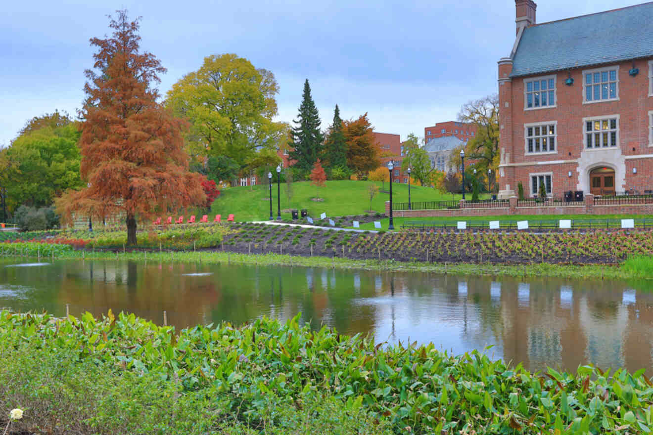 A campus landscape featuring a pond, surrounding greenery, a brick building in the background, and several chairs placed on the green lawn.