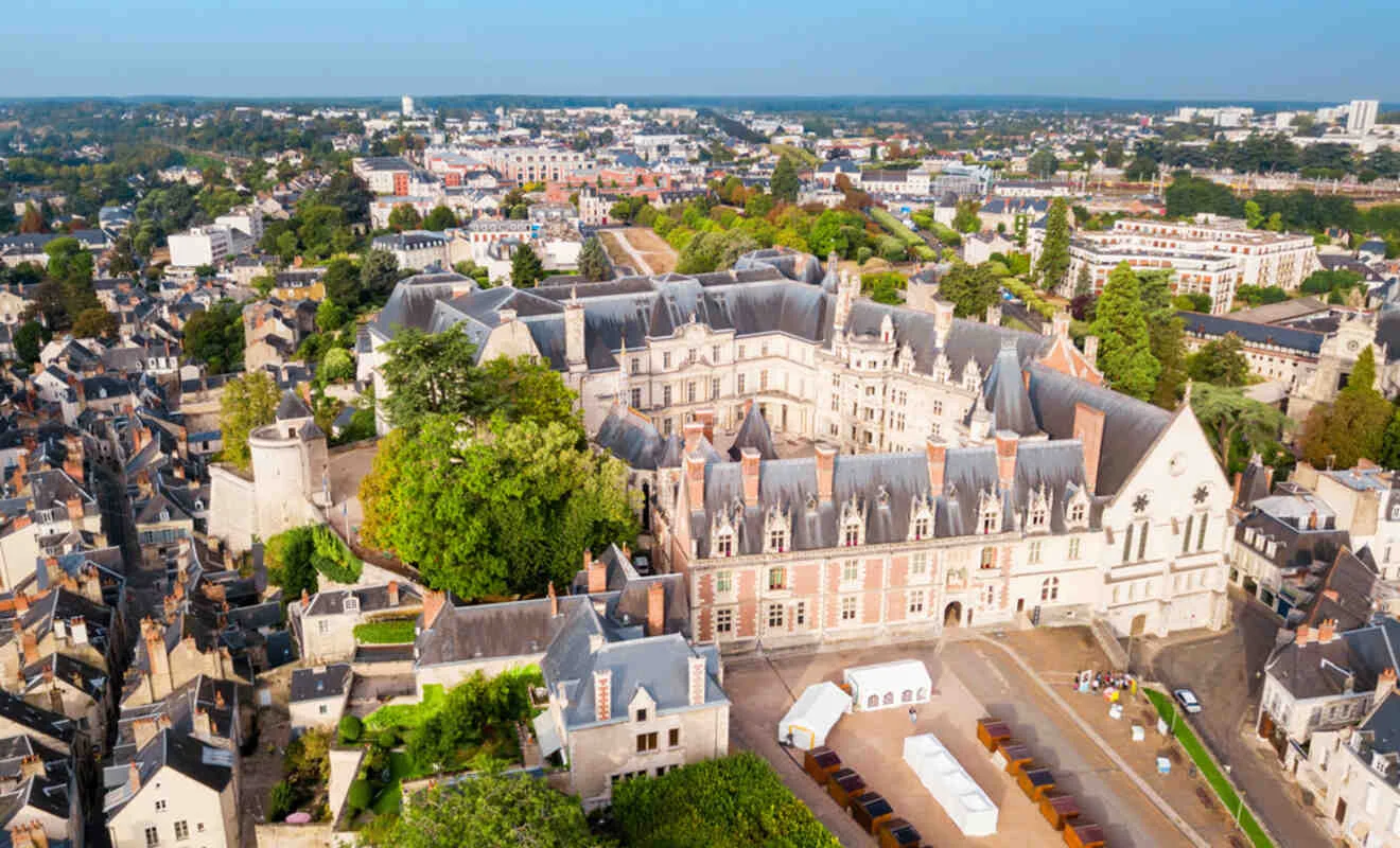 Aerial view of a historic chateau surrounded by modern buildings and lush greenery in a densely populated town.