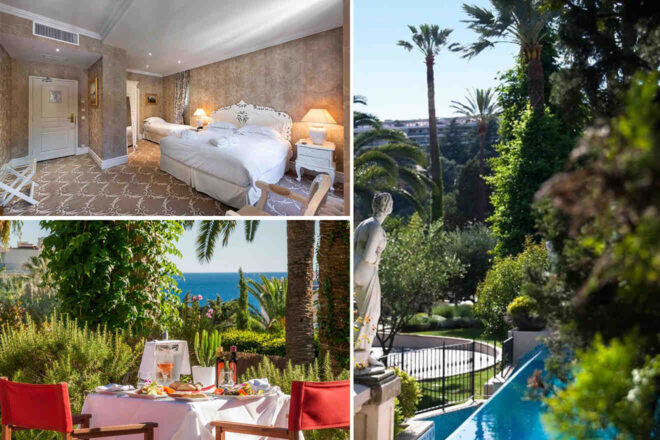 Collage showing a luxurious hotel room, a scenic garden with palm trees, and an outdoor dining setup with a view of the sea and greenery.