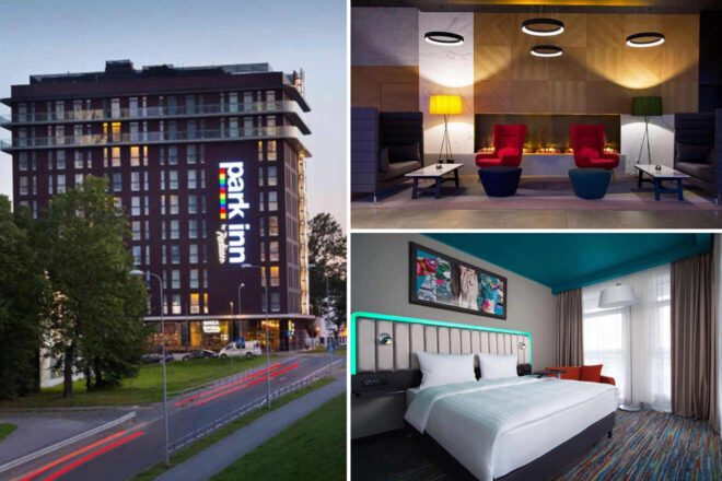 Exterior view of Park Inn hotel at dusk, modern lobby area with seating and fireplace, and a guest room featuring a queen bed and contemporary decor.