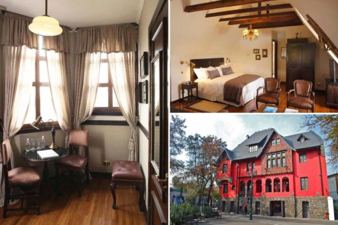 A collage of three hotel photos to stay in Santiago de Chile: an exterior view of a grand hotel with a distinctive red facade, a cozy and inviting bedroom with wooden beams and leather chairs, and a charming breakfast nook bathed in natural light.