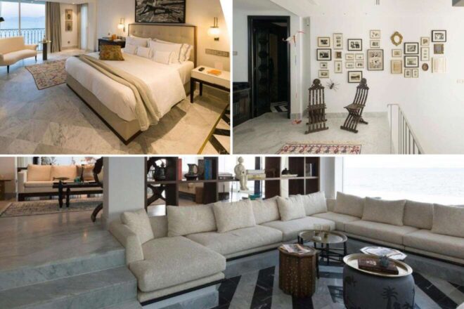 A collage of three hotel photos to stay in Tunis: an elegant bedroom with ocean views and stylish decor, a gallery wall with eclectic artwork and a rustic vibe, and a spacious living area with a large sectional sofa overlooking the sea.