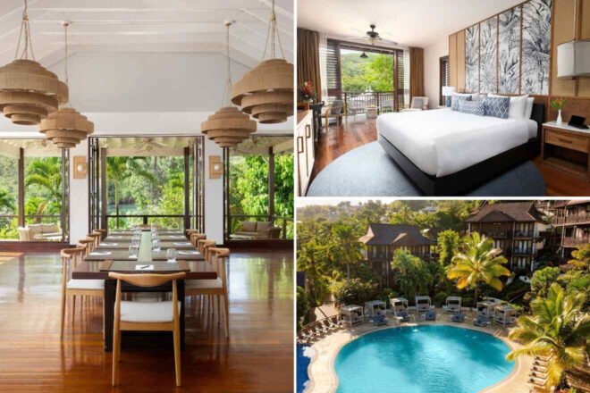 A collage of three hotel photos to stay in St. Lucia: an elegant dining area with modern chandeliers and open views of the surrounding greenery, a bright and airy bedroom with a large bed and wooden accents, and an inviting outdoor pool area surrounded by palm trees.